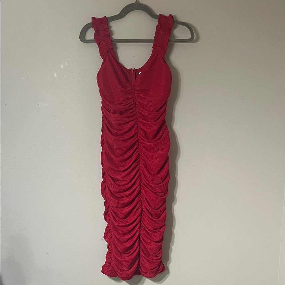 Ruched Red Midi Dress with Wide Ruffled Straps